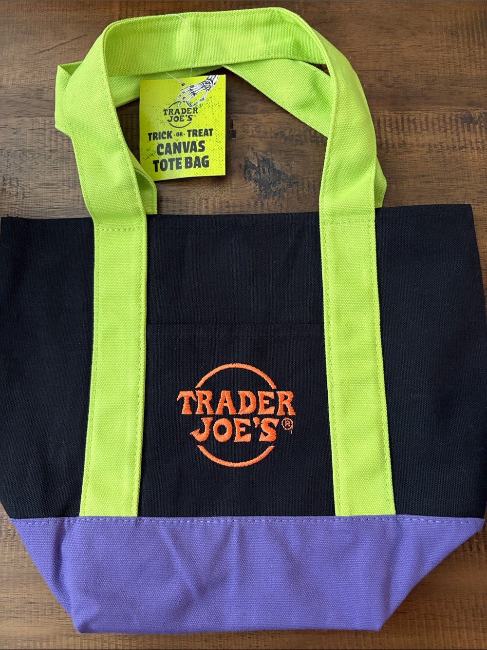 Trader Joe's Black Canvas Tote Bag with Lime Handles and Purple Base